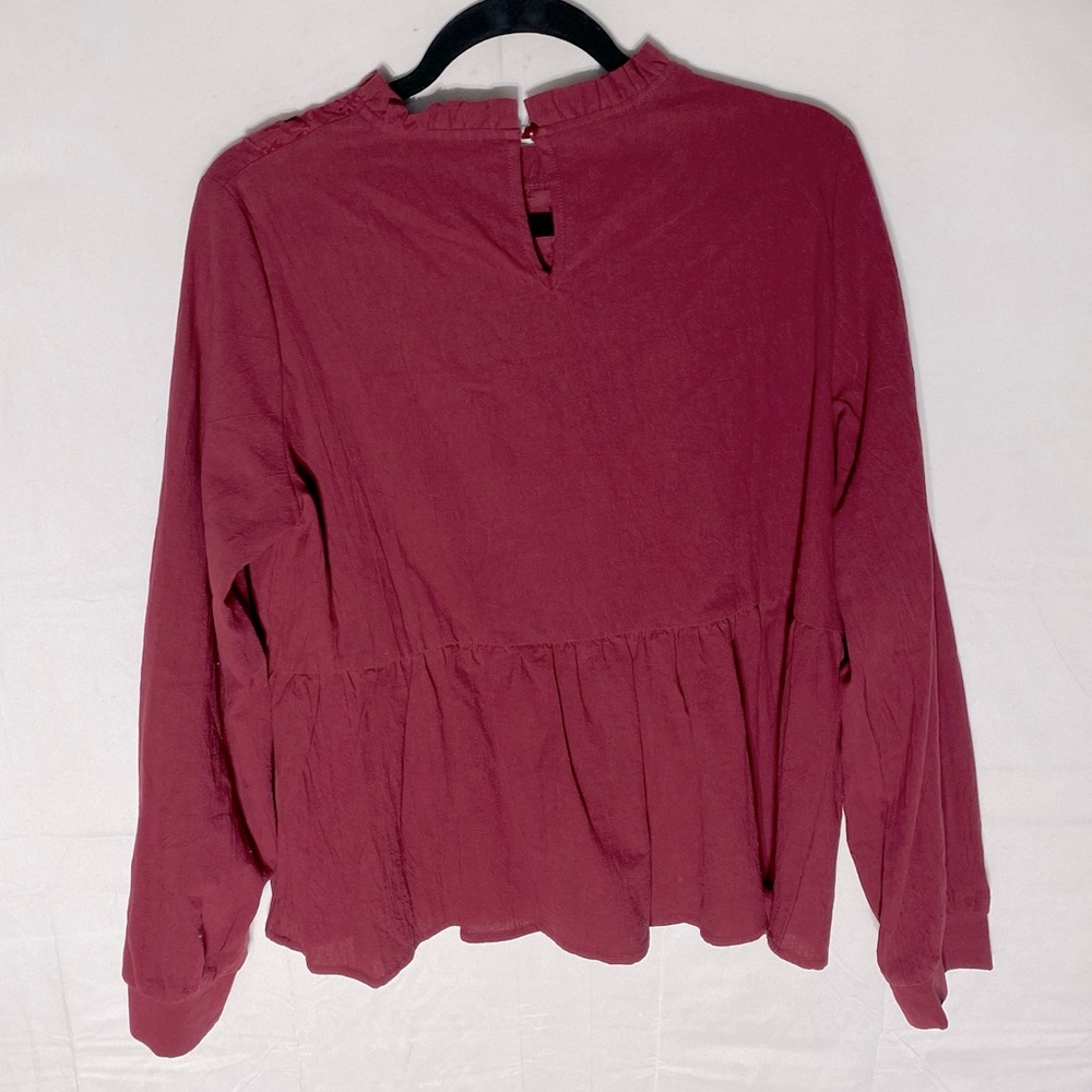 5/$25 Shein Burgundy High Collar Eyelet Ruffle Peplum Blouse L - Picture 2 of 15